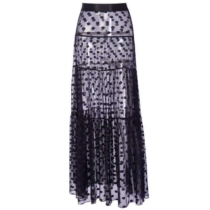 Women's Retro Polka Dot Pleated Maxi Skirt Cover-Up for Summer Swimwear with Elastic Waist