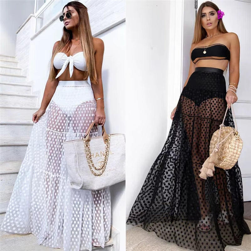 Women's Retro Polka Dot Pleated Maxi Skirt Cover-Up for Summer Swimwear with Elastic Waist