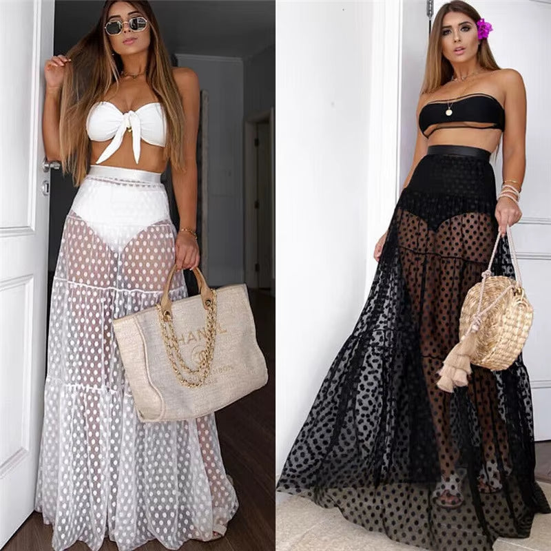 Women's Retro Polka Dot Pleated Maxi Skirt Cover-Up for Summer Swimwear with Elastic Waist
